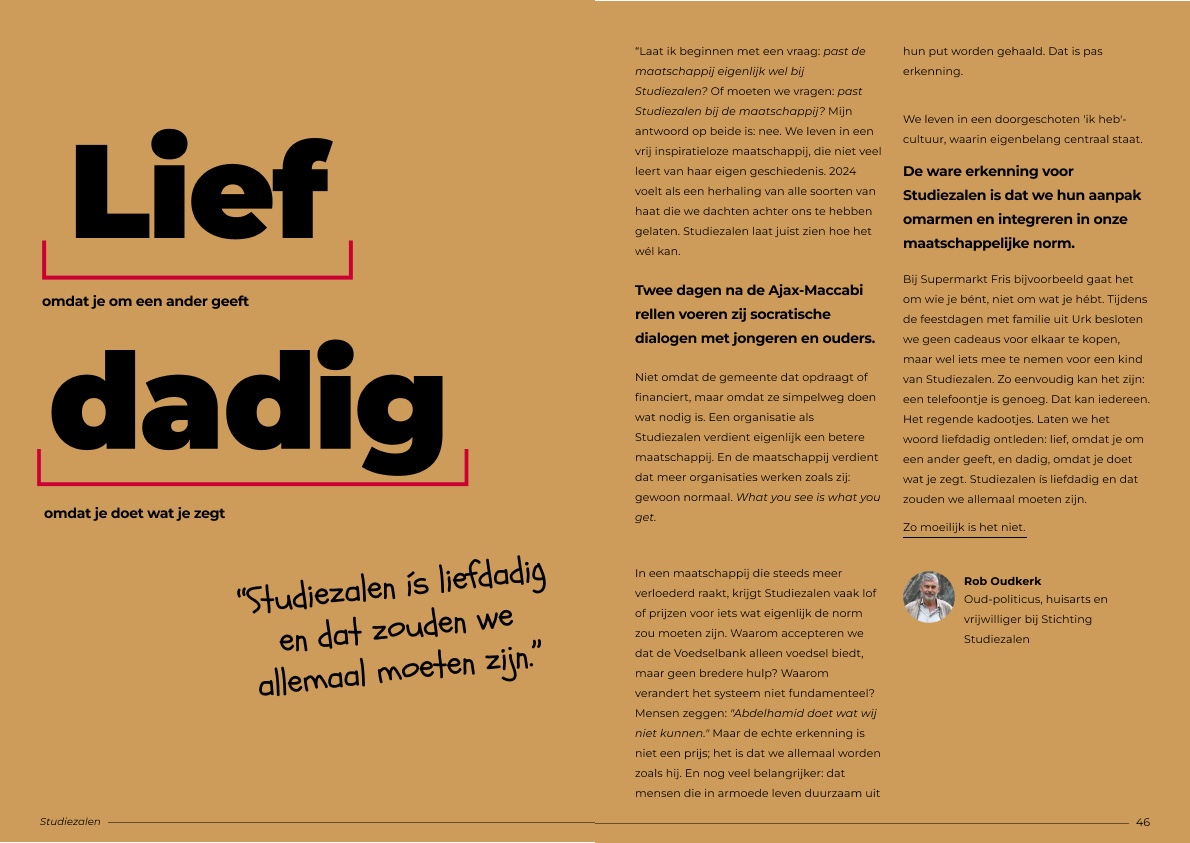 Spread met het woord ‘Liefdadig’ in twee delen: ‘Lief, omdat je om een ander geeft’ en ‘dadig, omdat je doet wat je zegt’