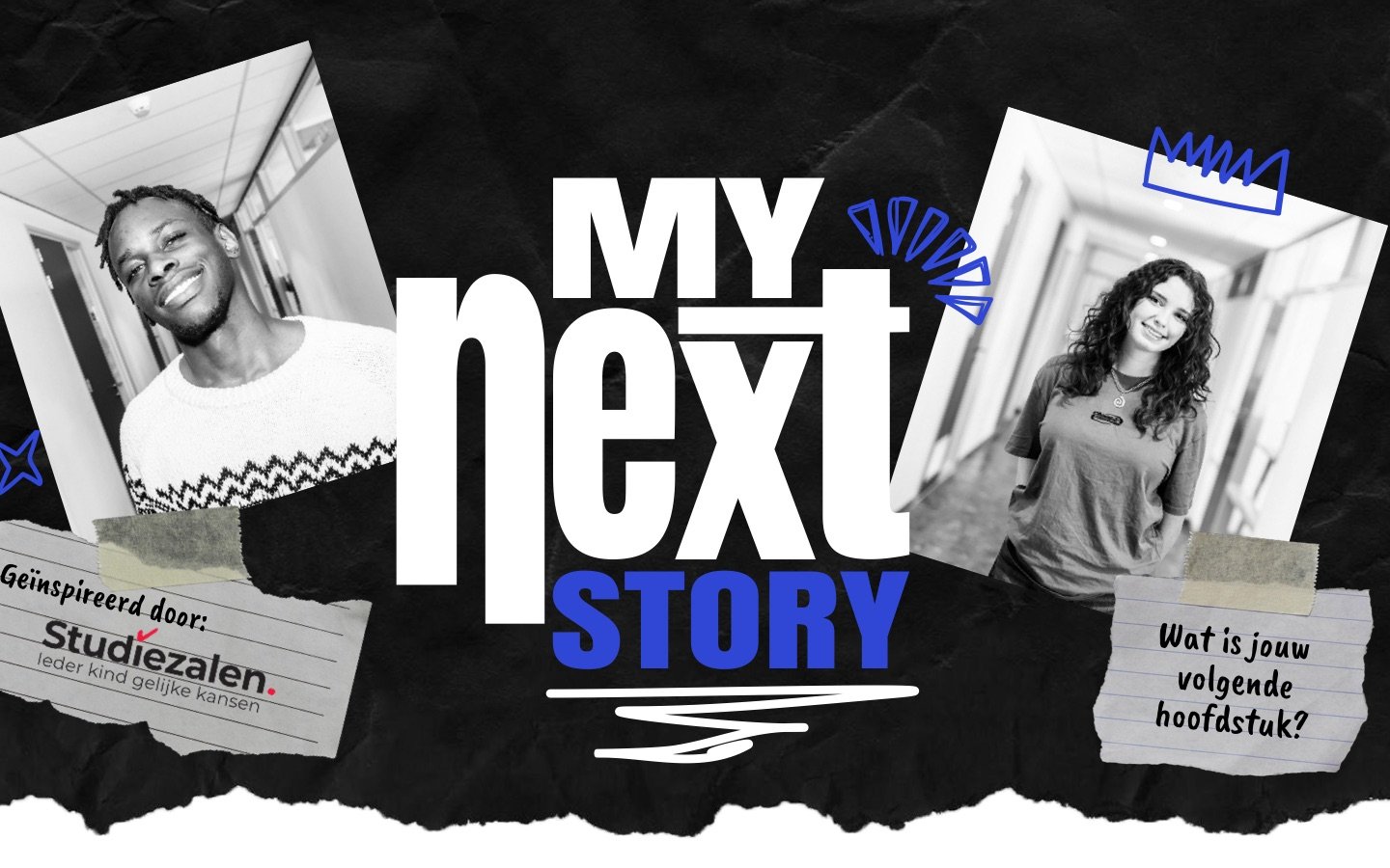 Titelslide van My Next Story met het woordmerk tussen twee portretten