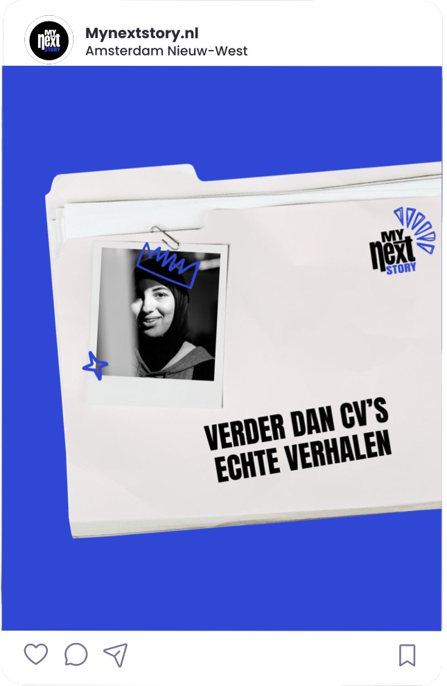Post ‘Verder dan cv's, echte verhalen’ op blauw, met een map en een portret met een kroontje
