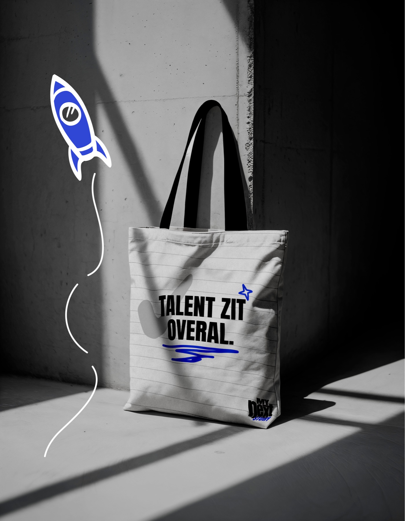 Een tas met ‘Talent zit overal.’ en een getekende raket