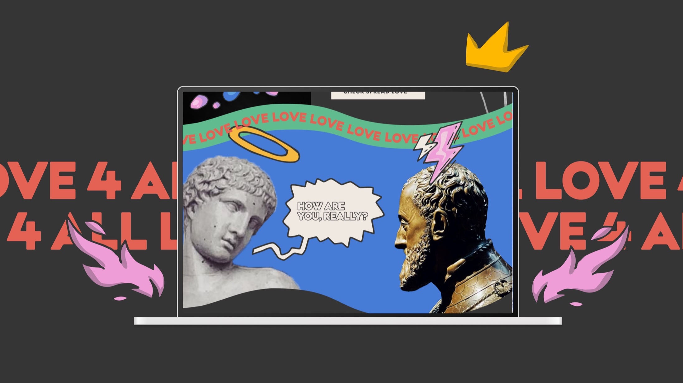 Love4All op een laptop: twee beelden in gesprek, ‘How are you, really?’