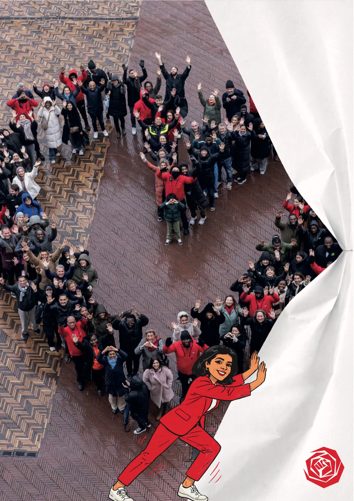 De getekende Tanja duwt het papier opzij; erachter een luchtfoto van een groep mensen in de vorm van een hart