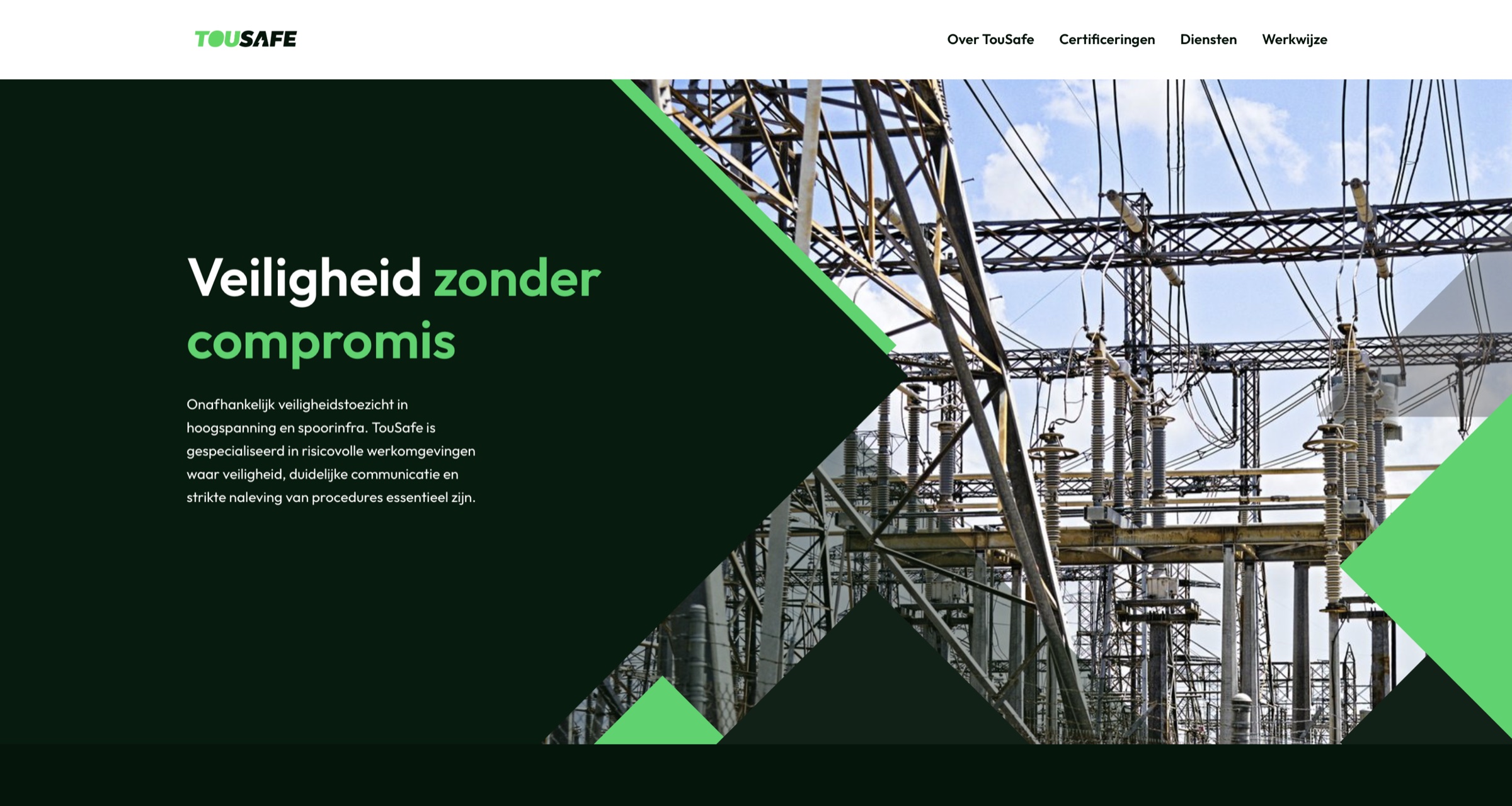 De homepage van TouSafe: ‘Veiligheid zonder compromis’ naast een hoogspanningsstation