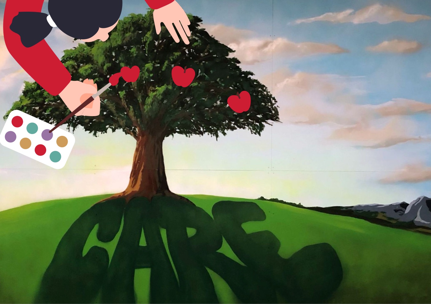 De boom met wortels die het woord CARE vormen, waar handen appels aan hangen